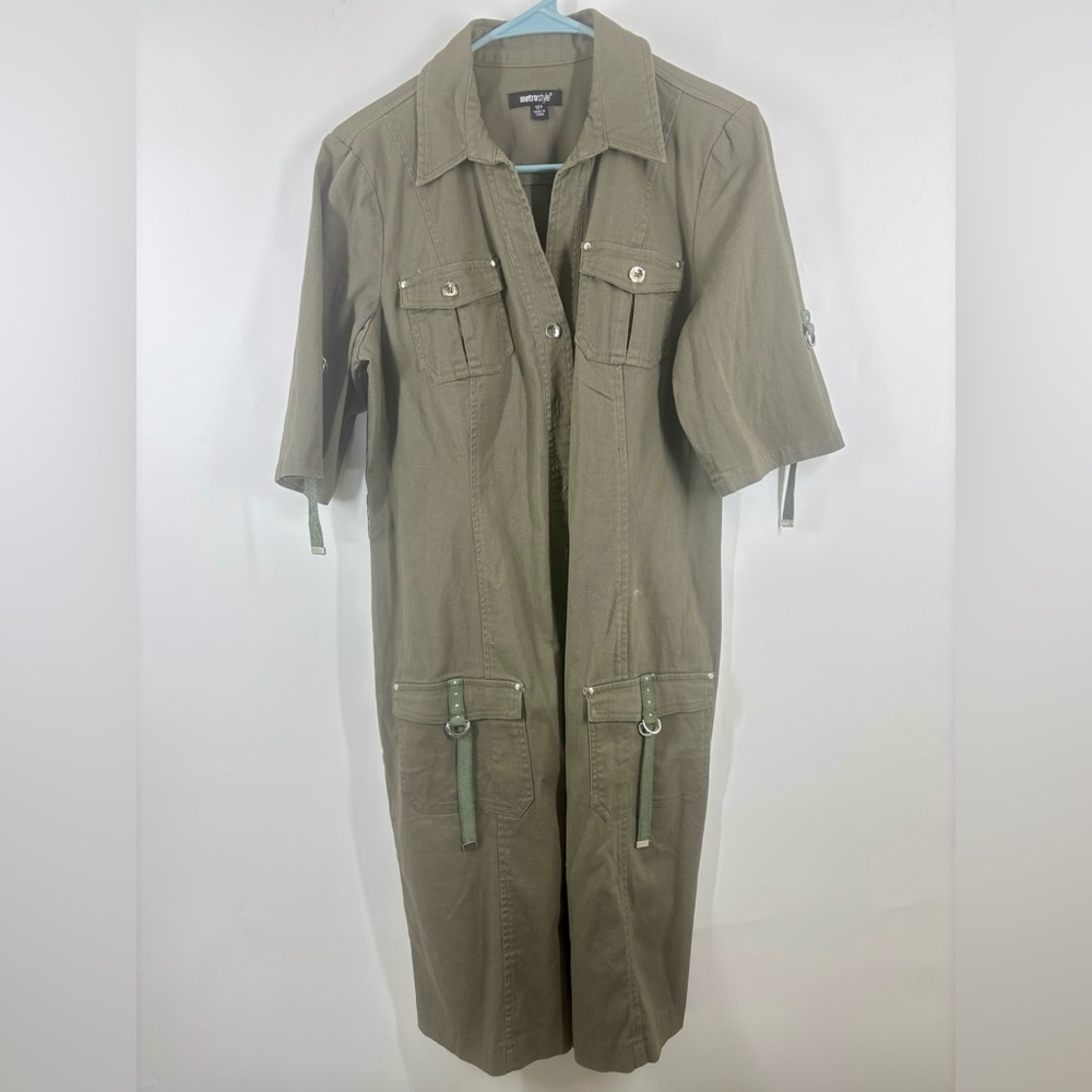 NWOT Metrostyle Army Green Military Style Adjustable Shirt Dress Khaki 12‎ Tall
